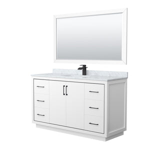 Icon 60 Inch Single Bathroom Vanity in White White Carrara Marble Countertop Undermount Square Sink Matte Black Trim 58 Inch Mirror
