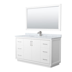 Icon 60 Inch Single Bathroom Vanity in White White Carrara Marble Countertop Undermount Square Sink Brushed Nickel Trim 58 Inch Mirror