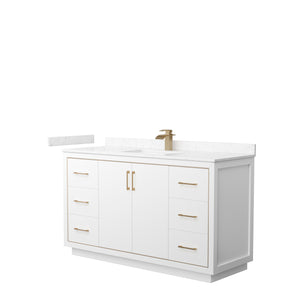 Icon 60 Inch Single Bathroom Vanity in White Carrara Cultured Marble Countertop Undermount Square Sink Satin Bronze Trim