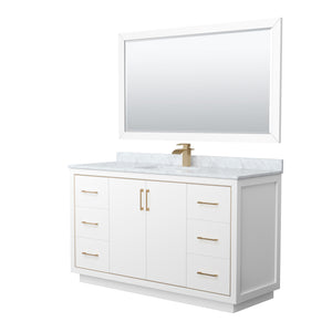 Icon 60 Inch Single Bathroom Vanity in White White Carrara Marble Countertop Undermount Square Sink Satin Bronze Trim 58 Inch Mirror