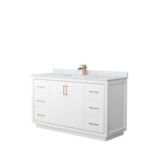 Icon 60 Inch Single Bathroom Vanity in White White Carrara Marble Countertop Undermount Square Sink Satin Bronze Trim