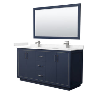 Icon 66 Inch Double Bathroom Vanity in Dark Blue Carrara Cultured Marble Countertop Undermount Square Sinks Brushed Nickel Trim 58 Inch Mirror