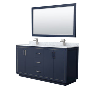 Icon 66 Inch Double Bathroom Vanity in Dark Blue White Carrara Marble Countertop Undermount Square Sinks Brushed Nickel Trim 58 Inch Mirror