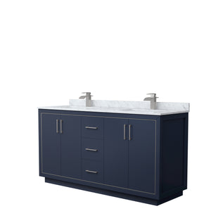 Icon 66 Inch Double Bathroom Vanity in Dark Blue White Carrara Marble Countertop Undermount Square Sinks Brushed Nickel Trim