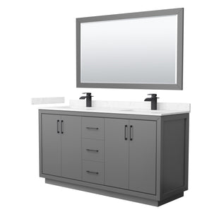 Icon 66 Inch Double Bathroom Vanity in Dark Gray Carrara Cultured Marble Countertop Undermount Square Sinks Matte Black Trim 58 Inch Mirror