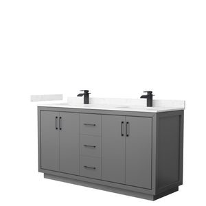Icon 66 Inch Double Bathroom Vanity in Dark Gray Carrara Cultured Marble Countertop Undermount Square Sinks Matte Black Trim