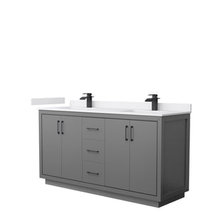 Icon 66 Inch Double Bathroom Vanity in Dark Gray White Cultured Marble Countertop Undermount Square Sinks Matte Black Trim