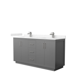 Icon 66 Inch Double Bathroom Vanity in Dark Gray Carrara Cultured Marble Countertop Undermount Square Sinks Brushed Nickel Trim