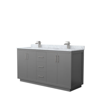 Icon 66 Inch Double Bathroom Vanity in Dark Gray White Carrara Marble Countertop Undermount Square Sinks Brushed Nickel Trim