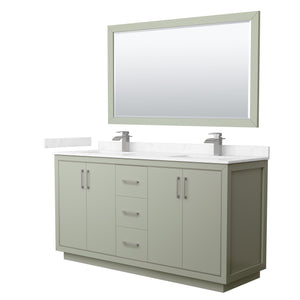 Icon 66 Inch Double Bathroom Vanity in Light Green Carrara Cultured Marble Countertop Undermount Square Sinks Brushed Nickel Trim 58 Inch Mirror