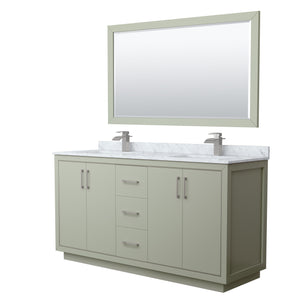 Icon 66 Inch Double Bathroom Vanity in Light Green White Carrara Marble Countertop Undermount Square Sinks Brushed Nickel Trim 58 Inch Mirror