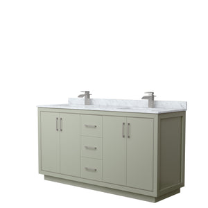 Icon 66 Inch Double Bathroom Vanity in Light Green White Carrara Marble Countertop Undermount Square Sinks Brushed Nickel Trim