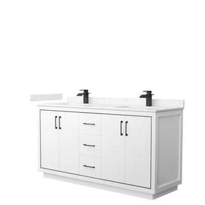 Icon 66 Inch Double Bathroom Vanity in White Carrara Cultured Marble Countertop Undermount Square Sinks Matte Black Trim
