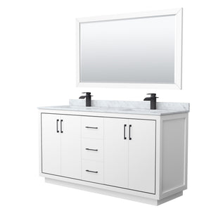 Icon 66 Inch Double Bathroom Vanity in White White Carrara Marble Countertop Undermount Square Sinks Matte Black Trim 58 Inch Mirror