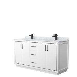 Icon 66 Inch Double Bathroom Vanity in White White Carrara Marble Countertop Undermount Square Sinks Matte Black Trim