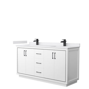 Icon 66 Inch Double Bathroom Vanity in White White Cultured Marble Countertop Undermount Square Sinks Matte Black Trim