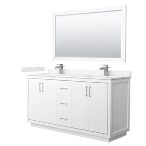 Icon 66 Inch Double Bathroom Vanity in White Carrara Cultured Marble Countertop Undermount Square Sinks Brushed Nickel Trim 58 Inch Mirror