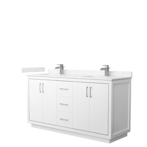 Icon 66 Inch Double Bathroom Vanity in White Carrara Cultured Marble Countertop Undermount Square Sinks Brushed Nickel Trim