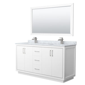 Icon 66 Inch Double Bathroom Vanity in White White Carrara Marble Countertop Undermount Square Sinks Brushed Nickel Trim 58 Inch Mirror