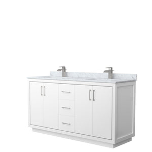 Icon 66 Inch Double Bathroom Vanity in White White Carrara Marble Countertop Undermount Square Sinks Brushed Nickel Trim