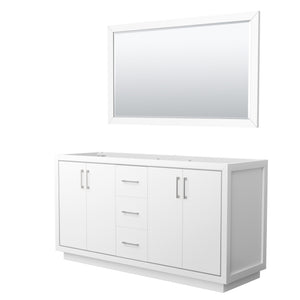 Icon 66 Inch Double Bathroom Vanity in White No Countertop No Sink Brushed Nickel Trim 58 Inch Mirror