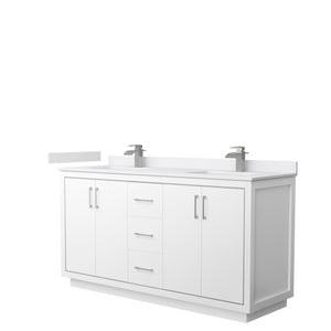 Icon 66 Inch Double Bathroom Vanity in White White Cultured Marble Countertop Undermount Square Sinks Brushed Nickel Trim