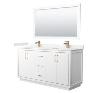Icon 66 Inch Double Bathroom Vanity in White Carrara Cultured Marble Countertop Undermount Square Sinks Satin Bronze Trim 58 Inch Mirror