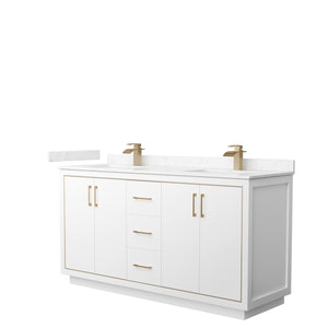 Icon 66 Inch Double Bathroom Vanity in White Carrara Cultured Marble Countertop Undermount Square Sinks Satin Bronze Trim