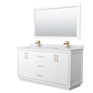 Icon 66 Inch Double Bathroom Vanity in White White Carrara Marble Countertop Undermount Square Sinks Satin Bronze Trim 58 Inch Mirror