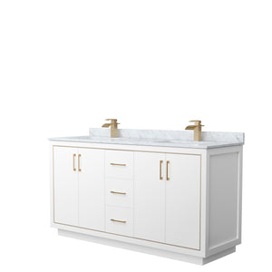 Icon 66 Inch Double Bathroom Vanity in White White Carrara Marble Countertop Undermount Square Sinks Satin Bronze Trim