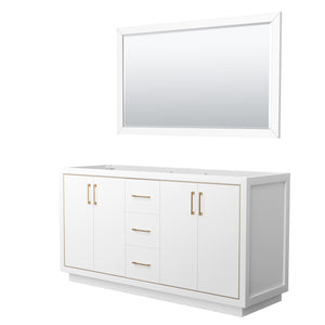 Icon 66 Inch Double Bathroom Vanity in White No Countertop No Sink Satin Bronze Trim 58 Inch Mirror