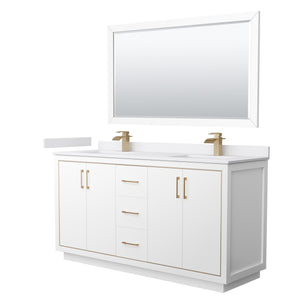 Icon 66 Inch Double Bathroom Vanity in White White Cultured Marble Countertop Undermount Square Sinks Satin Bronze Trim 58 Inch Mirror