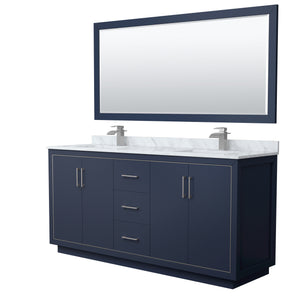 Icon 72 Inch Double Bathroom Vanity in Dark Blue White Carrara Marble Countertop Undermount Square Sinks Brushed Nickel Trim 70 Inch Mirror