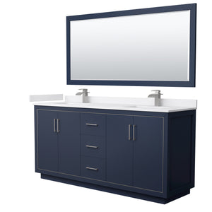 Icon 72 Inch Double Bathroom Vanity in Dark Blue White Cultured Marble Countertop Undermount Square Sinks Brushed Nickel Trim 70 Inch Mirror