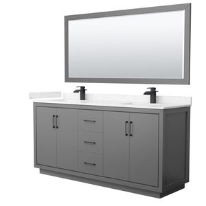 Icon 72 Inch Double Bathroom Vanity in Dark Gray Carrara Cultured Marble Countertop Undermount Square Sinks Matte Black Trim 70 Inch Mirror