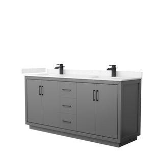 Icon 72 Inch Double Bathroom Vanity in Dark Gray Carrara Cultured Marble Countertop Undermount Square Sinks Matte Black Trim