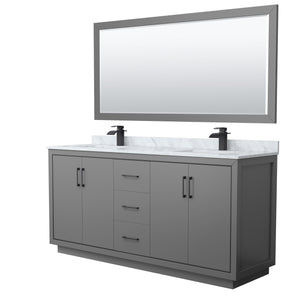 Icon 72 Inch Double Bathroom Vanity in Dark Gray White Carrara Marble Countertop Undermount Square Sinks Matte Black Trim 70 Inch Mirror