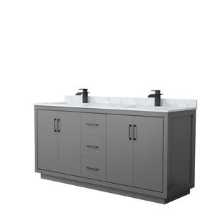 Icon 72 Inch Double Bathroom Vanity in Dark Gray White Carrara Marble Countertop Undermount Square Sinks Matte Black Trim