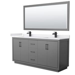 Icon 72 Inch Double Bathroom Vanity in Dark Gray White Cultured Marble Countertop Undermount Square Sinks Matte Black Trim 70 Inch Mirror