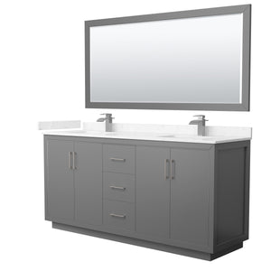 Icon 72 Inch Double Bathroom Vanity in Dark Gray Carrara Cultured Marble Countertop Undermount Square Sinks Brushed Nickel Trim 70 Inch Mirror
