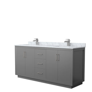 Icon 72 Inch Double Bathroom Vanity in Dark Gray White Carrara Marble Countertop Undermount Square Sinks Brushed Nickel Trim