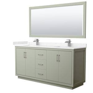 Icon 72 Inch Double Bathroom Vanity in Light Green Carrara Cultured Marble Countertop Undermount Square Sinks Brushed Nickel Trim 70 Inch Mirror