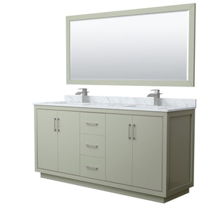 Icon 72 Inch Double Bathroom Vanity in Light Green White Carrara Marble Countertop Undermount Square Sinks Brushed Nickel Trim 70 Inch Mirror