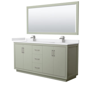 Icon 72 Inch Double Bathroom Vanity in Light Green White Cultured Marble Countertop Undermount Square Sinks Brushed Nickel Trim 70 Inch Mirror