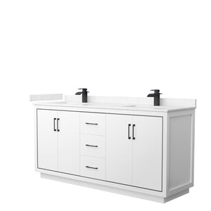 Icon 72 Inch Double Bathroom Vanity in White Carrara Cultured Marble Countertop Undermount Square Sinks Matte Black Trim