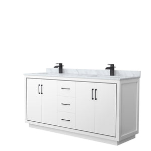 Icon 72 Inch Double Bathroom Vanity in White White Carrara Marble Countertop Undermount Square Sinks Matte Black Trim