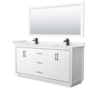 Icon 72 Inch Double Bathroom Vanity in White White Cultured Marble Countertop Undermount Square Sinks Matte Black Trim 70 Inch Mirror
