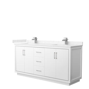 Icon 72 Inch Double Bathroom Vanity in White Carrara Cultured Marble Countertop Undermount Square Sinks Brushed Nickel Trim