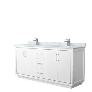 Icon 72 Inch Double Bathroom Vanity in White White Carrara Marble Countertop Undermount Square Sinks Brushed Nickel Trim