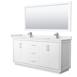 Icon 72 Inch Double Bathroom Vanity in White White Cultured Marble Countertop Undermount Square Sinks Brushed Nickel Trim 70 Inch Mirror